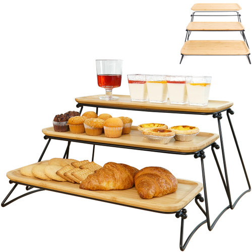 Collapsible 3 Tier Serving Tray and Platters, Wooden Three Tiered Appetizer Serving Tray, Party Trays and Platters, 3 tiered tray Desert Stand, Food Stands for Display Party, Cookie Fruit Dessert Tray