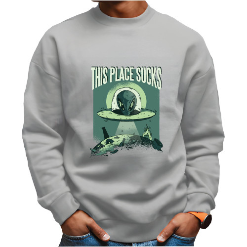 Gift Idea Alien Head UFO Flying with Beam Over Pollution for Environmentalists and Sci Fi Fans Grey White Muticolor Unisex Sweatshirt