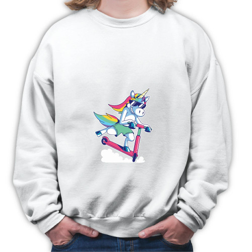 Perfect Gift for Kids Cool Unicorn Riding Scooter Design with Sunglasses Tand Swea White Muticolor Unisex Sweatshirt