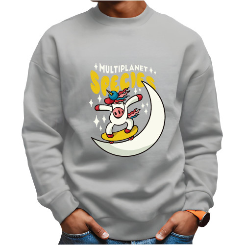 Skater Unicorn Gift Multiplanet Species Skateboarding On the Moon Gift for Skateboarding Fans Grey White Muticolor Unisex Sweatshirt