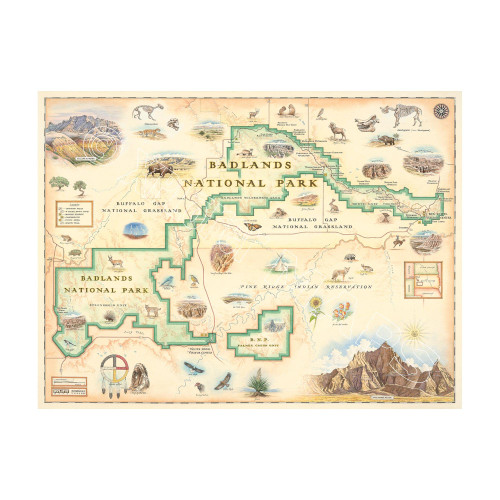 Badlands National Park Hand-Drawn Map - Authentic 18x24 Vintage-Style Wall Art - Lithographic Print with Soy-Based Inks - Made in USA