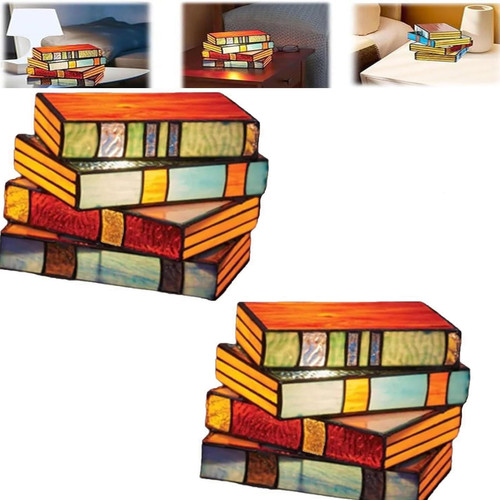 EPARNA Stained Glass Stacked Books Lamp, Reading Nook Lighting Vintage Table Lamp, Handcrafted Glass Nightstand Desk Book Lamps, Tiffany Style Table Lamp Home Decor, Led Book Light (2Pcs)