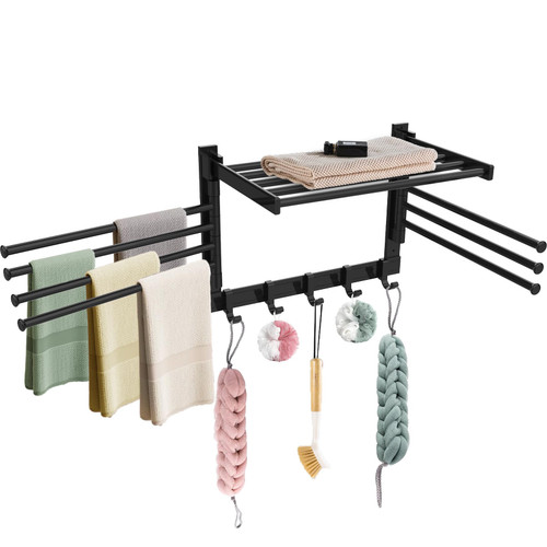 Estleys Wall Mounted Drying Racks for Laundry with 7 Swing Arms 5 Hooks, Swivel Towel Hanger, Wall Clothes Drying Rack Laundry Clothes Organizer with Swivel Towel Bars, Aluminum, Black