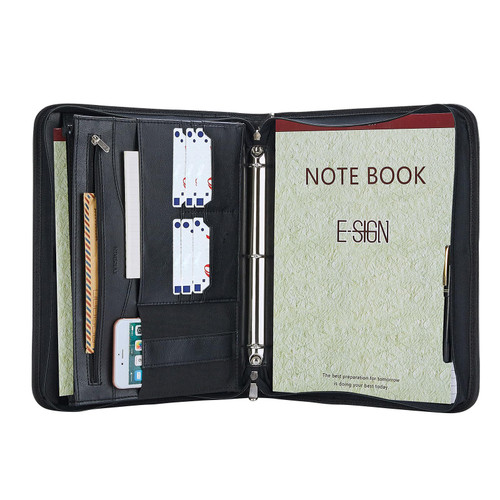 IVESIGN Padfolio Binder, Business Portfolio Folder, Left-Handed Zippered Padfolio 3-Ring Binder Portfolio, Faux Leather Legal Document Organizer, Professional Padfolio Folder for Interview (Black)