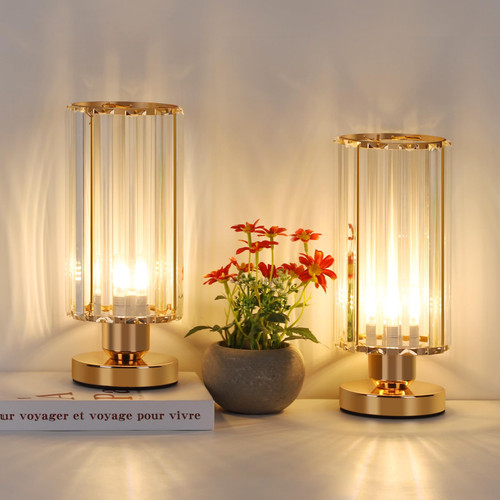 smusei Gold Crystal Table Lamps Set of 2 Elegant Small Desk Lamps with Metal Base Classic Nightstand Bedside Lamp for Small Space Bedroom Living Room Office College Dorm