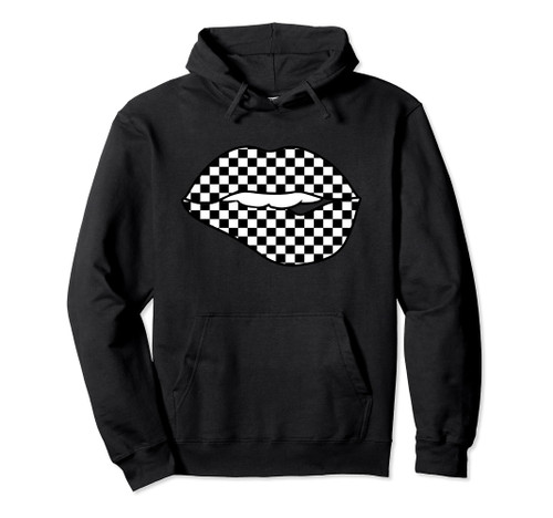 Funny Checkered Black White Lip Gift Cute Checkerboard Women Pullover Hoodie