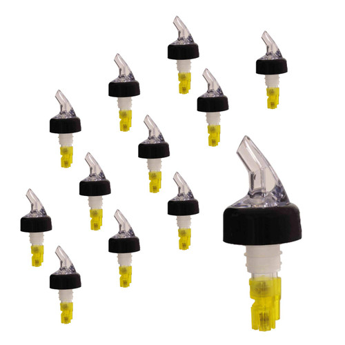 Measured Liquor Bottle Pourer Yellow 1 1/2 OZ, Black Collar, Barware (12 PC)