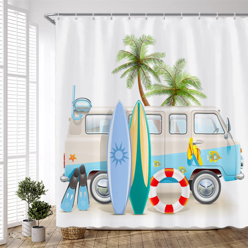 PZMPZM Surfing RV Shower Curtain Summer Ocean Beach Theme Tropical Palm Tree Coastal Surfboard Camping Car Bathroom Curtains Polyester Fabric Sets with Hooks 138Wx70H inch