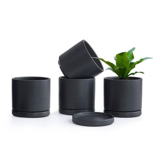 D'vine Dev Set of 4 Small Ceramic Plant Pots, 4.6 Inch Succulent Planter Pot for Plants with Drainage Hole and Saucer, Black, 94-F-XS-2