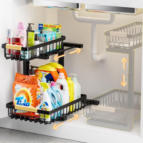 OPPKOUT Under Sink Organizer, Pull Out Cabinet Organizer 2-Tier Slide Out Sliding Shelf Under Cabinet Storage Multi-Use, Multi-Use Under Kitchen Cabinet Storage Shelf