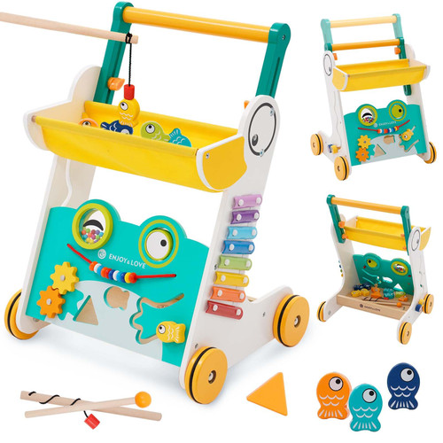 Wooden Baby Walker Baby Push Walker Sit-to-Stand Learning Walkers for Baby Toddlers Baby Walker Activity Center Toys Fishing Game for 1+ Year Girls Boys Multi-Activity Learning Walker