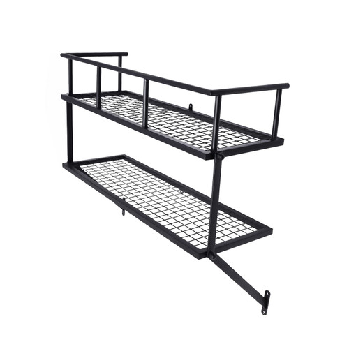 PaNeTnya 2 Tier Black Kitchen Pot Rack,Wall Mount Pots and Pans Organizer,Wall Shelves with 12 S Hooks for Kitchen Cookware Utensils