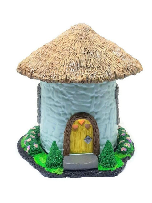 Light-Up fairy garden cottage. Light blue stone fairy garden house with thatched roof. Made from polymer clay.