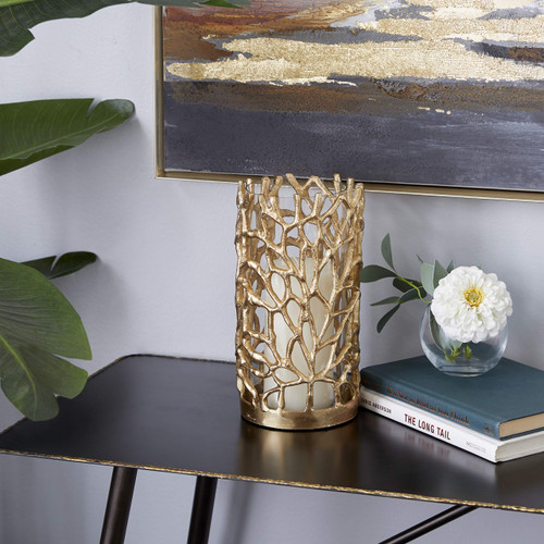 Deco 79 Aluminum Pillar Candle Lantern with Coral Pattern, 5" x 5" x 10", Gold