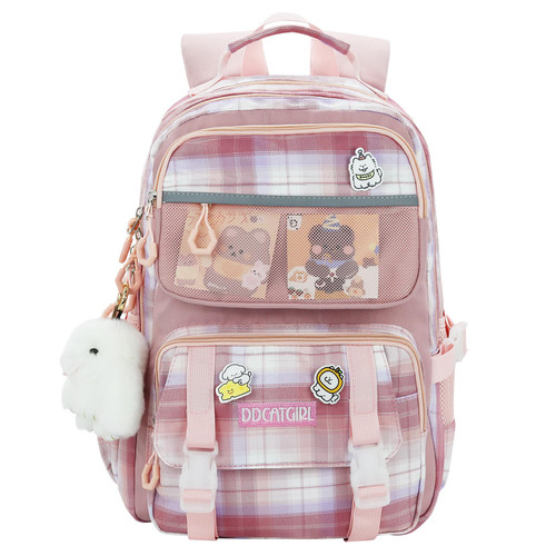 AoMoon Cute Backpack for Girls Kawaii Backpack Functional Bookbag Plaid Daypack Aesthetic Backpack for School with Cute Accessories (Pink)