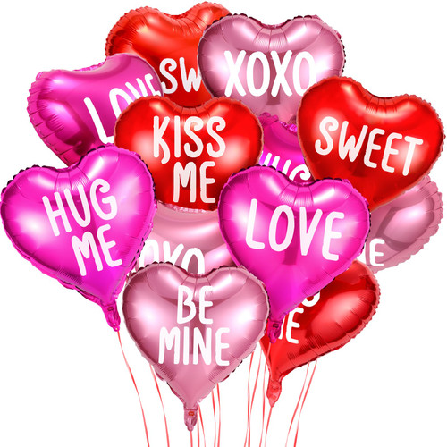 12 Pcs Valentine's Day Candy Heart Balloons 18 Inch Foil Balloons Heart Shaped Balloons XOXO Love Sweet Be Mine Kiss Me Hug Me Foil Heart Balloons Valentine's Day Wedding (Red, Rose Red, Pink)