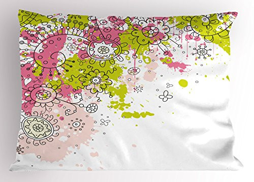 Ambesonne Flower Pillow Sham, Hand Drawn Sketchy Abstract Pastel Watercolor Image Print, Decorative Standard Queen Size Printed Pillowcase, 30 X 20 inches, Lime Green Light Pink and Hot Pink