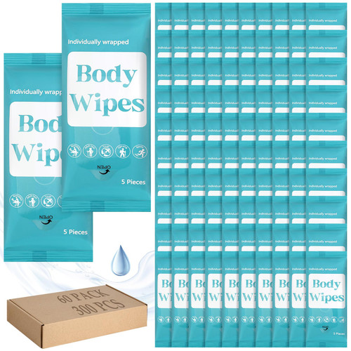 Threlaco 60 Pack 300 Pcs Body Wipes for Adults Bathing No Rinse Individually Wrapped Shower Wipes Washcloth with Aloe Cleansing Body Wash Cloths Disposable Cleansing Wipes for Women Adults Men Hiking