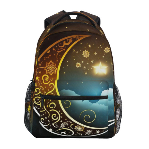 Vnurnrn Kids Travel Backpack for Boys Girls, Islamic Moon Night Print Simple Modern Hiking Backpack Large Capacity with Name Tag Slot for Elementary/Middle/High School Teens