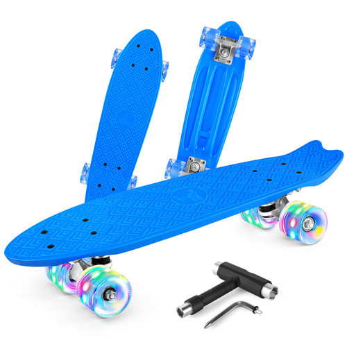 BELEEV Skateboard for Kids Ages 3-12, 22 inch Mini Cruiser Skateboard for Beginners Girls Boys Teens Adults, Complete Skateboard with LED Light up Wheels, All-in-One Skate T-Tool (Blue)