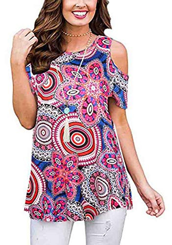 ANDUUNI Womens Floral Print Cold Shoulder Swing Tunic Tops Casual Loose Short Sleeve Blouse Shirts (Multi Purple, XX-Large)