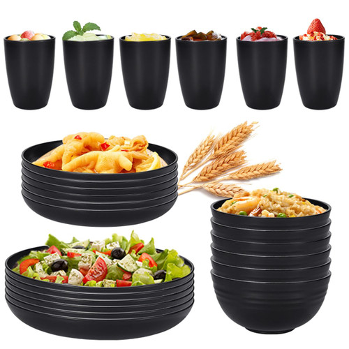 Hoidokly 24PCS Wheat Straw Dinnerware Sets, Unbreakable Dinner Set, Lightweight Camping Plates Cups and Bowls Set for Dorm Kitchen Picnic Rv, Dishwasher Microwave Safe, Black