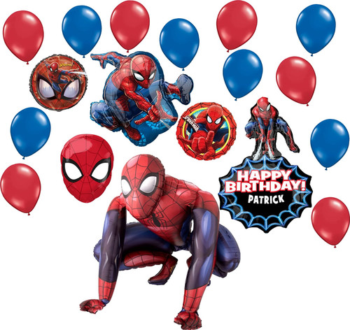 Spiderman Party Supplies Personalized Birthday 18 pc Balloon Bouquet Decorations with Life Size Airwalker