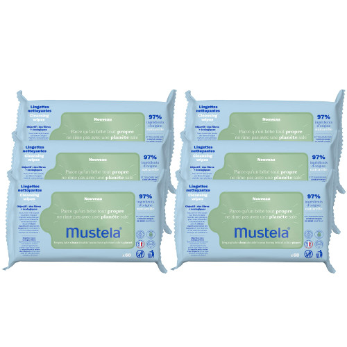 Mustela Baby Cleansing Wipes with Natural Avocado - For Face, Body & Diaper Area - Made with Compostable & Plastic Free Fibers - Lightly Scented - 60 ct. (6-Pack)