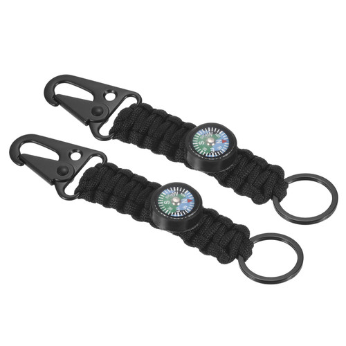 PATIKIL Paracord Keychain, 2 Pack Braided Lanyard Key Clip Holder Leather Belt Survival Keychains with Compass for Keys, Men, Women, Black