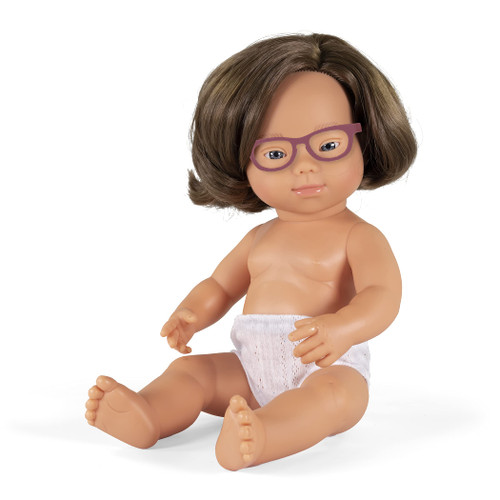 Miniland Educational Corporation Baby Doll Caucasian Girl with Down Syndrome with Glasses 15'', Poly-Bagged,Multi
