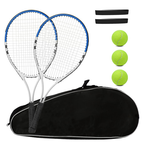 Tennis Racket Pre-Strung Lightweight 27 Inch Racquet Recreational Adult Rackets for Men Women Students Training Tennis Starter Kit with Balls,Carry Bag and Overgrips (Blue/White - 2 Rackets)