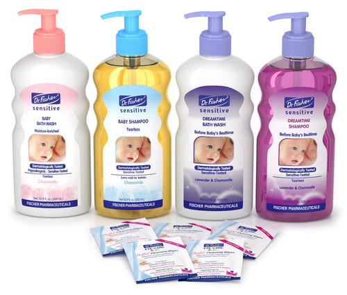 Dr. Fischer Baby Bath Wash, Shampoo, Bedtime Bath Wash, Bedtime Shampoo, Cleansing Wipes Baby Bath Set - Baby Essentials for Newborn Boys & Girls, Made for Delicate Skin - Day & Night Newborn Bath Set