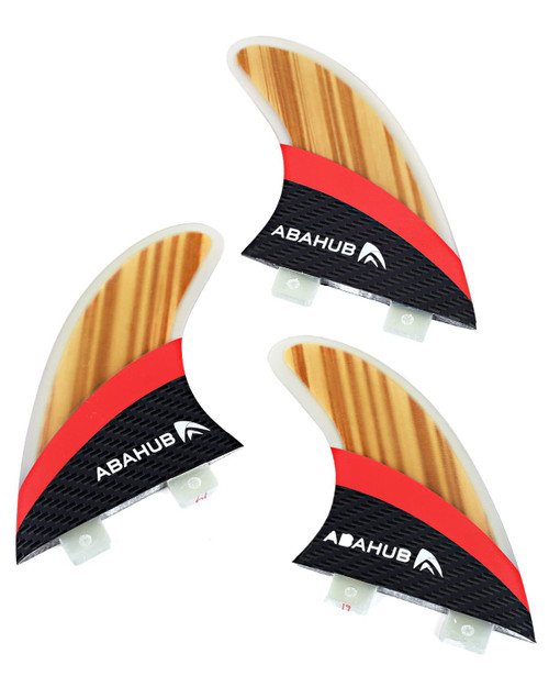 Abahub Surfboard Thruster Fins Set, Compatible with FCS Style Fin Box, Fiberglass with Teak Veneer G5 Surf Fin, 3 Fins for Surf Boards, Surfing Longboard, Shortboard, Fiberglass with Teak Veneer