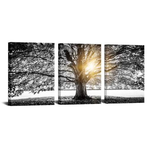 VividHome Big Tree in Sunrise Picture Black and White Sunset Painting Natural Landscape Artwork Forest Canvas Wall Art Bedroom Wall Decor Ready to Hang