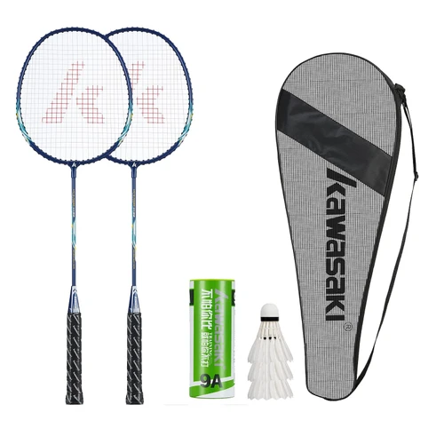 Badminton Rackets Set of 2 for Training, Sport, Including 2 Kawasaki Badminton Racket, 3 Badminton Birdies Feather,1 Badminton Bag Large (Blue)