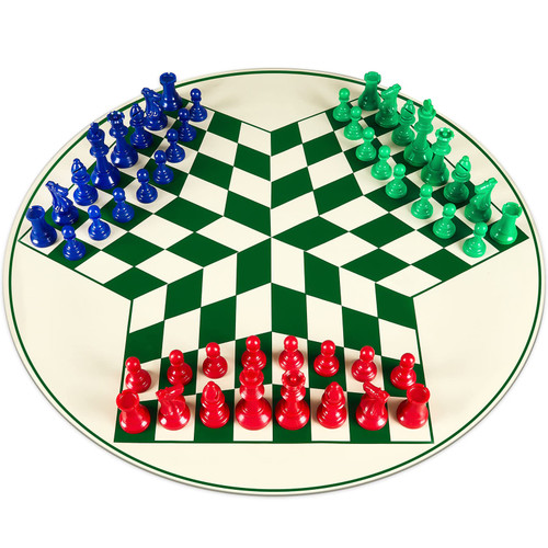 Three Player Chess Set Combination 48 Pieces Chess Playing Pieces Colored 3D Chess Single Weighted Regulation Chess Pieces and 24 Inches PU Leather Chess Board Three Player Board Games for Adults Game
