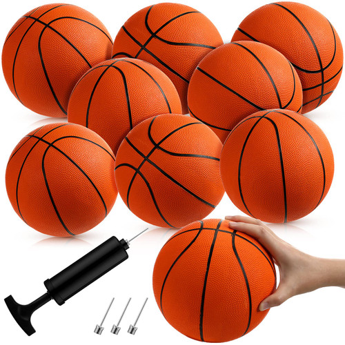 8 Pack Mini Rubber Basketballs Set 7 Inch Mini Hoop Basketball with Air Pump Small Basketball Junior Size 3 Basketballs for Beginner Basketball Arcade Games Indoor Outdoor Pool Party Favors