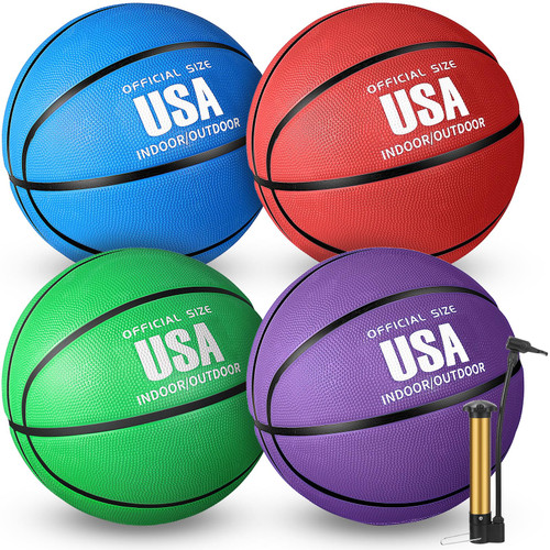 Libima 4 Pack Basketballs Official Size Rubber Basketballs for Kids Women or Men with Pump for Indoor Outdoor School Basketball Game Street Ball Training(Red, Green, Purple, Blue, Size 5)