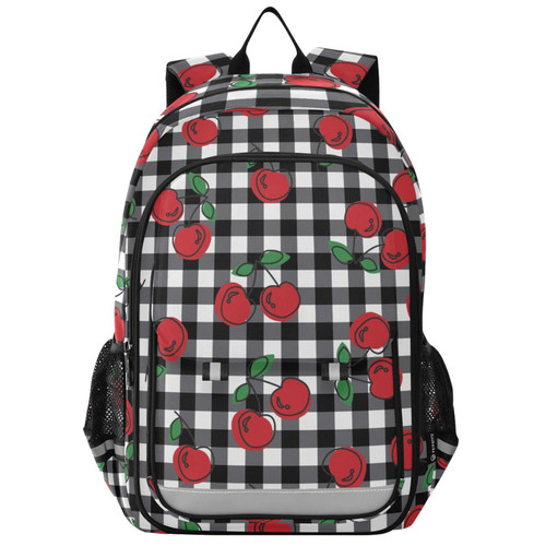 Glaphy Cherry Black and White Plaid Backpack School Bag Lightweight Laptop Backpack Student Travel Daypack with Reflective Stripes