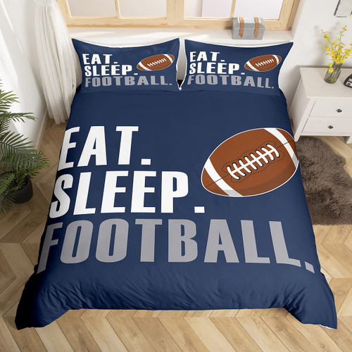 Rugby Comforter Cover Set American Football Sports Bedding Set for Boys Girls Women Men Blue Eat Sleep Football Bedding Duvet Cover Set Ball Games Room Decor Full Size Bedspread Cover 3Pcs