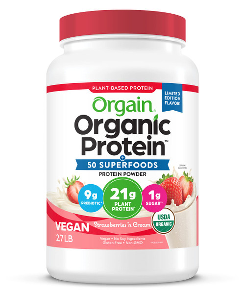 Orgain Organic Vegan Protein Powder + 50 Superfoods, Strawberries and Cream - 21g Plant Based, Gluten Free, Dairy Free, Lactose Free, Soy Free, No Sugar Added, Kosher, With B Vitamins - 2.7lb Orgain Organic Vegan Protein Powder + 50 Superfoods, Strawberries and Cream - 21g Plant Based, Gluten Free, Dairy Free, Lactose Free, Soy Free, No Sugar Added, Kosher, With B Vitamins - 2.7lb