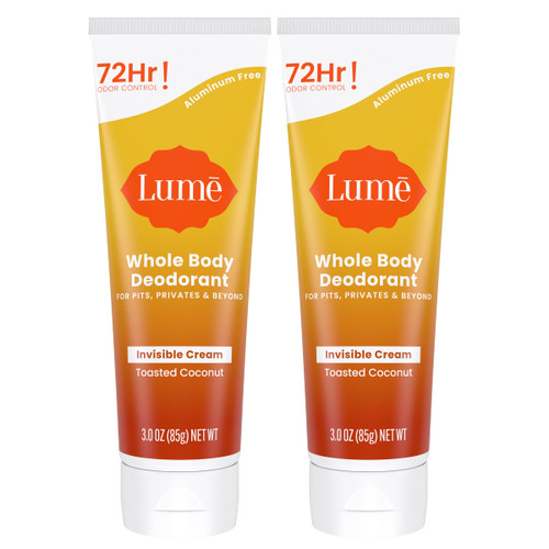 Lume Whole Body Deodorant - Invisible Cream Tube - 72 Hour Odor Control - Aluminum Free, Baking Soda Free, Skin Safe - 3.0 ounce (Pack of 2) (Toasted Coconut)