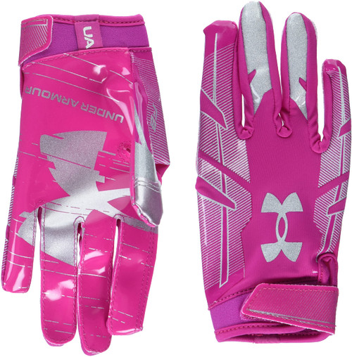 Under Armour Boys' Youth F8 Football Gloves , Tropic Pink (654)/Metallic Silver , Youth Small
