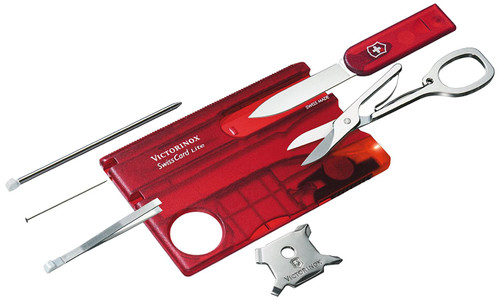 Victorinox Swiss Card Lite Swiss Army Knife, 13 Function Swiss Made Pocket Knife with Magnifying Glass LED and Tweezers - Ruby