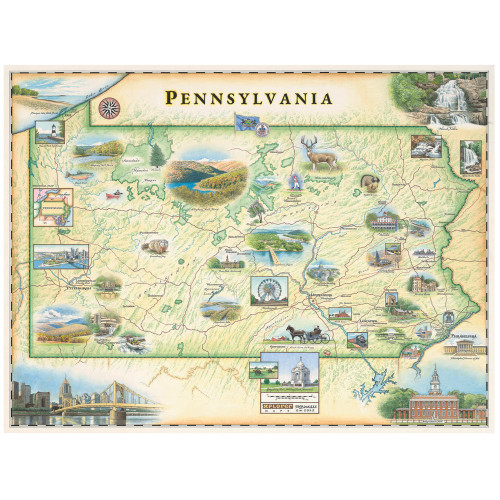 Xplorer Maps Pennsylvania State Hand-Drawn Map Poster - Authentic 24x18 Inch Vintage-Style Wall Art - Lithographic Print with Soy-Based Inks - Made In USA - Neutral Colors