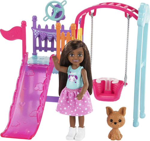 Barbie Chelsea Swing Set Playset with Chelsea Doll (6 in Brunette) Wearing Star-Print Skirt, Pet Puppy, Swing & Slide, Gift for 3 to 7 Year Olds Barbie Chelsea Swing Set Playset with Chelsea Doll (6 in Brunette) Wearing Star-Print Skirt, Pet Puppy, Swing & Slide, Gift for 3 to 7 Year Olds