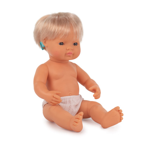 Miniland Educational Corporation Baby Doll Caucasian Girl with Hearing Aid 15'', Poly-Bagged, Multi