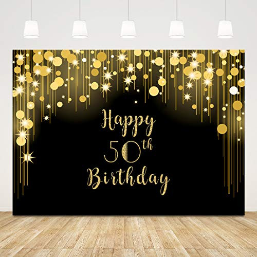 50th Birthday Photo Backdrop Black and Gold Happy Birthday Background with Shiny Light Spots 7x5ft Fifty Birthday Backdrop Gold 50 Years Cake Table Banner Party Supplies Decorations Photobooth Props