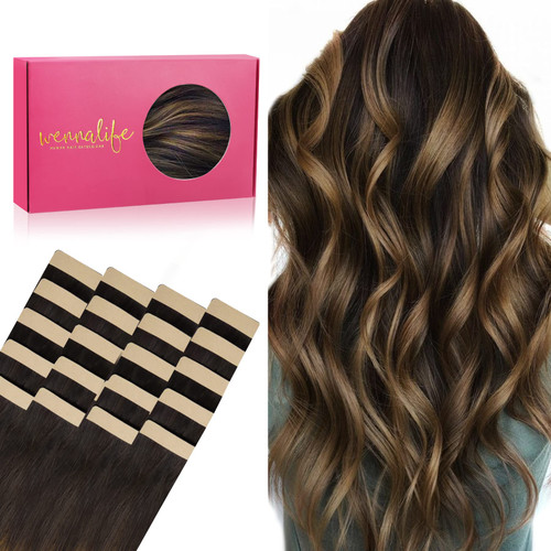 WENNALIFE Tape in Hair Extensions Human Hair, 20pcs 14 inch 50g Balayage Dark Brown Mixed Chestnut Brown Remy Tape Hair Extensions Real Human Hair Tape Extensions Coloured Hair Extensions