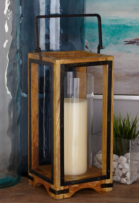 Deco 79 Mango Wood Handmade Pillar Candle Lantern, 8" x 8" x 22", Tan